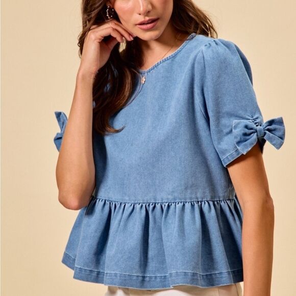 SO ME Denim Bow Cuff Short Puff Sleeves Denim Peplum Top sz Small - Picture 6 of 11